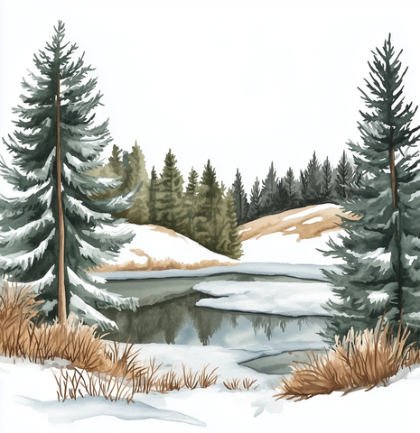 冬季森林与冰湖