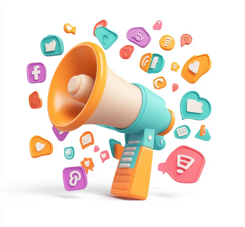 卡通扩音器与社交媒体图标