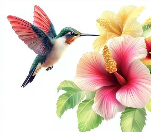 彩色翅膀蜂鸟飞向花朵