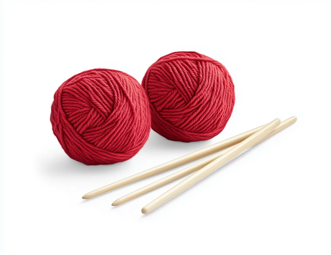 红色毛线球和木制织针