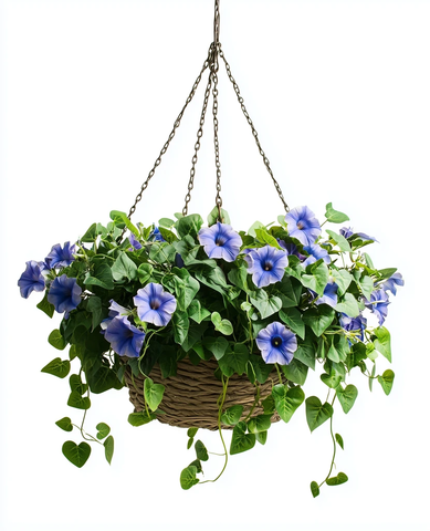 悬挂花篮中的牵牛花和常春藤