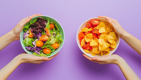 双手捧沙拉碗和薯片