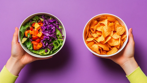 双手持沙拉碗和薯片碗