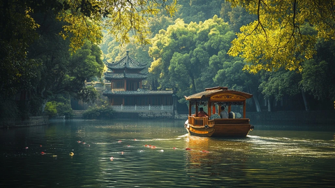 水上小船行古建绿树环绕的江南美景