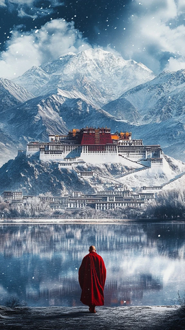 雪境中的布达拉宫与僧人