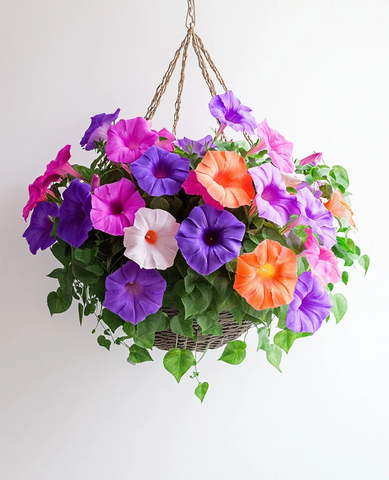 挂篮中的紫色、粉色、橙色牵牛花