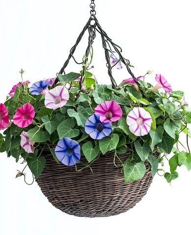 悬挂花篮中的牵牛花和常春藤