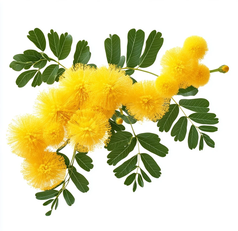 黄含羞草花绿叶白背景