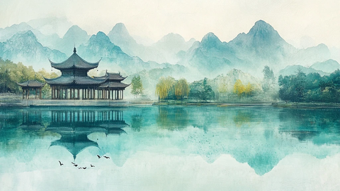 水墨风格的湖亭山水
