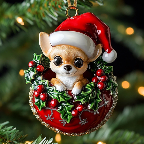 圣诞帽小鹿犬玻璃挂饰