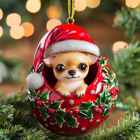 圣诞帽小鹿犬玻璃球