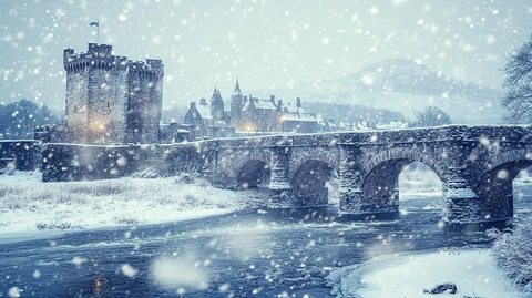 雪中古桥与城堡