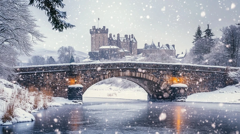 雪中古桥与城堡