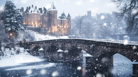 雪中古桥与城堡