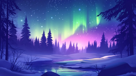 北极光下的雪地森林