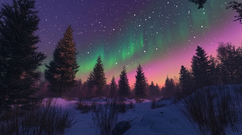北极光下的雪地森林