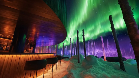 北极光下的雪地森林