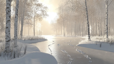 雪中湖面与桦树林