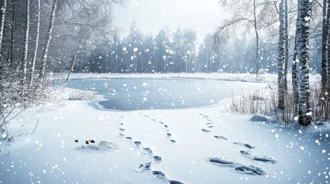 雪中湖面动物足迹