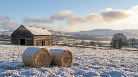 乡村冬季谷仓与霜冻干草