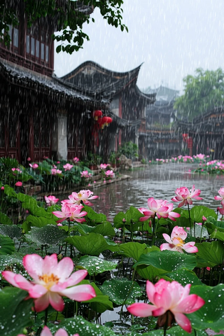 雨中的荷塘与古建