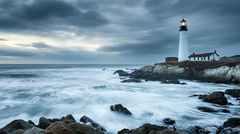 冬季海岸灯塔与冰石