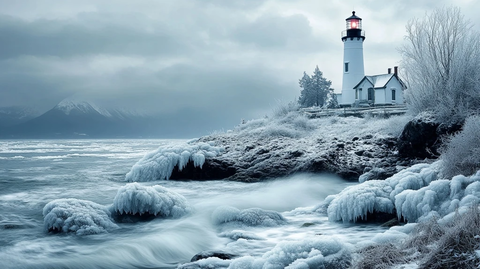 海浪拍打冰岩灯塔