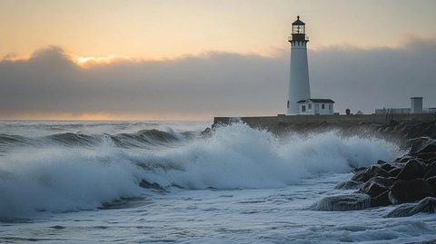 海浪拍打冰岩灯塔