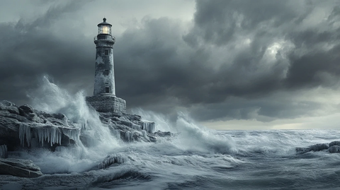 冬季海岸灯塔与冰岩