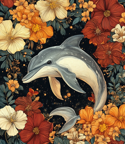 海豚与花卉装饰图
