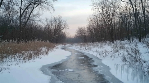 冰冻河流穿越雪林