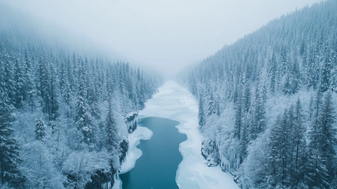 冰冻河流穿越雪林