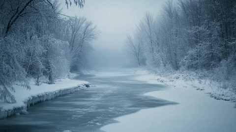 冰冻河流穿越雪林