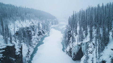 冰冻河流穿越雪林