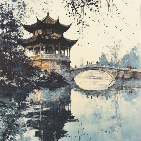 水彩画中的亭桥风景