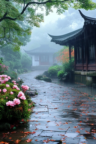 雨中的园林小径