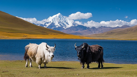 湖畔牦牛与雪山