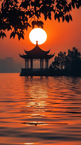 水上古亭夕阳剪影唯美景观
