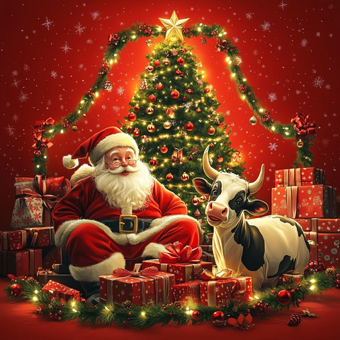 圣诞树前的圣诞老人和奶牛