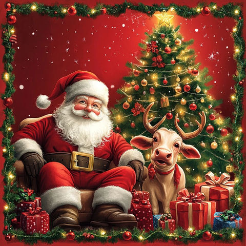 圣诞树前的圣诞老人和奶牛