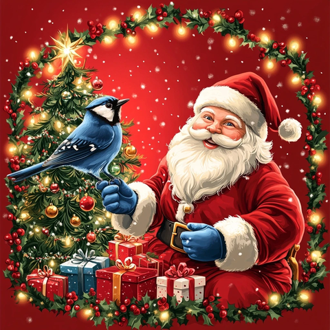 圣诞树前的圣诞老人和蓝松鸦
