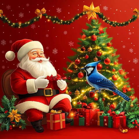 圣诞树前的圣诞老人和蓝松鸦