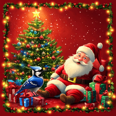圣诞树前圣诞老人与蓝松鸦