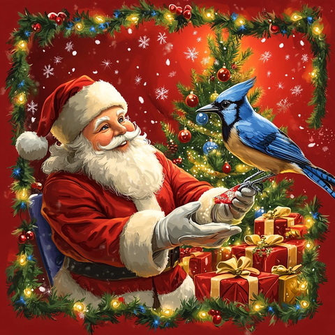圣诞树前的圣诞老人与蓝松鸟