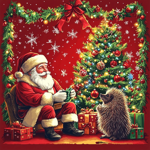 圣诞树前的圣诞老人与刺猬