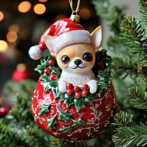 圣诞帽小鹿犬玻璃球