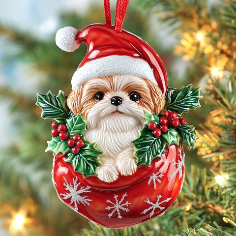 圣诞帽小犬红袋玻璃球