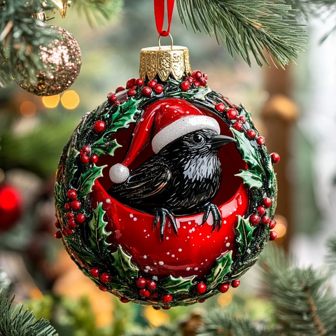 圣诞帽乌鸦红袋松枝装饰球