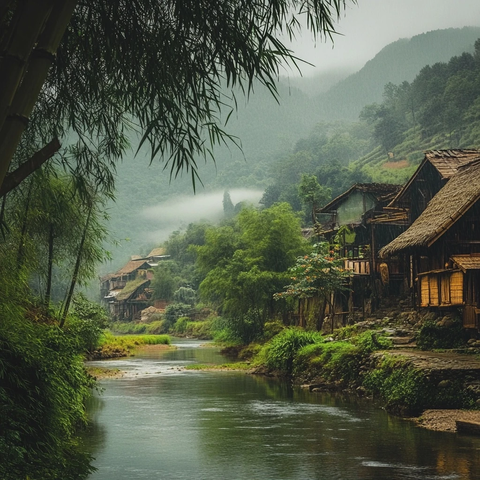 竹林村庄河边山丘