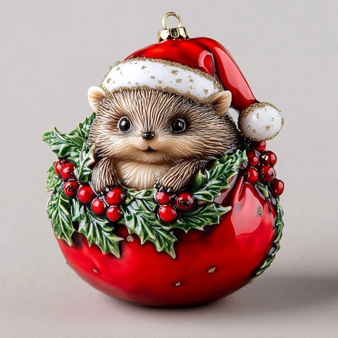 圣诞帽刺猬玻璃球